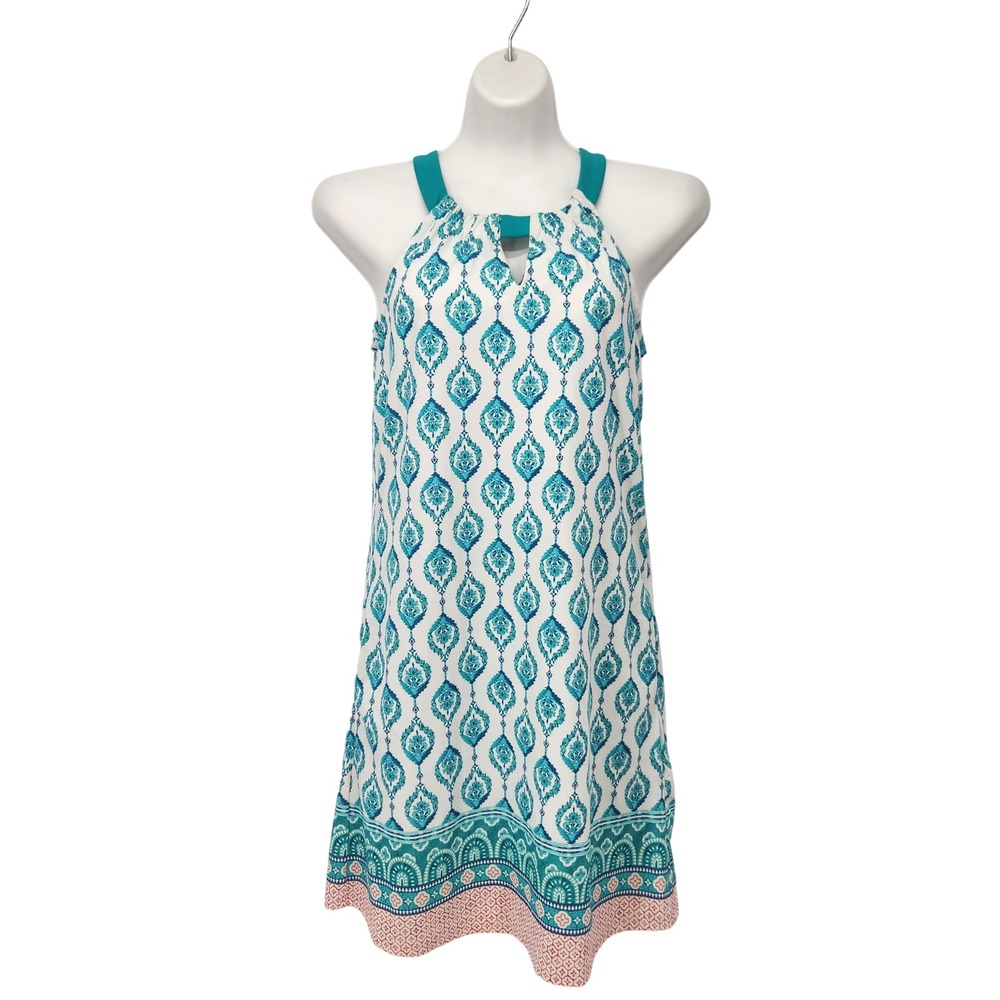 Cabana Life Teal Geometric Boho Halter Mini Dress with Pockets Women's XS
